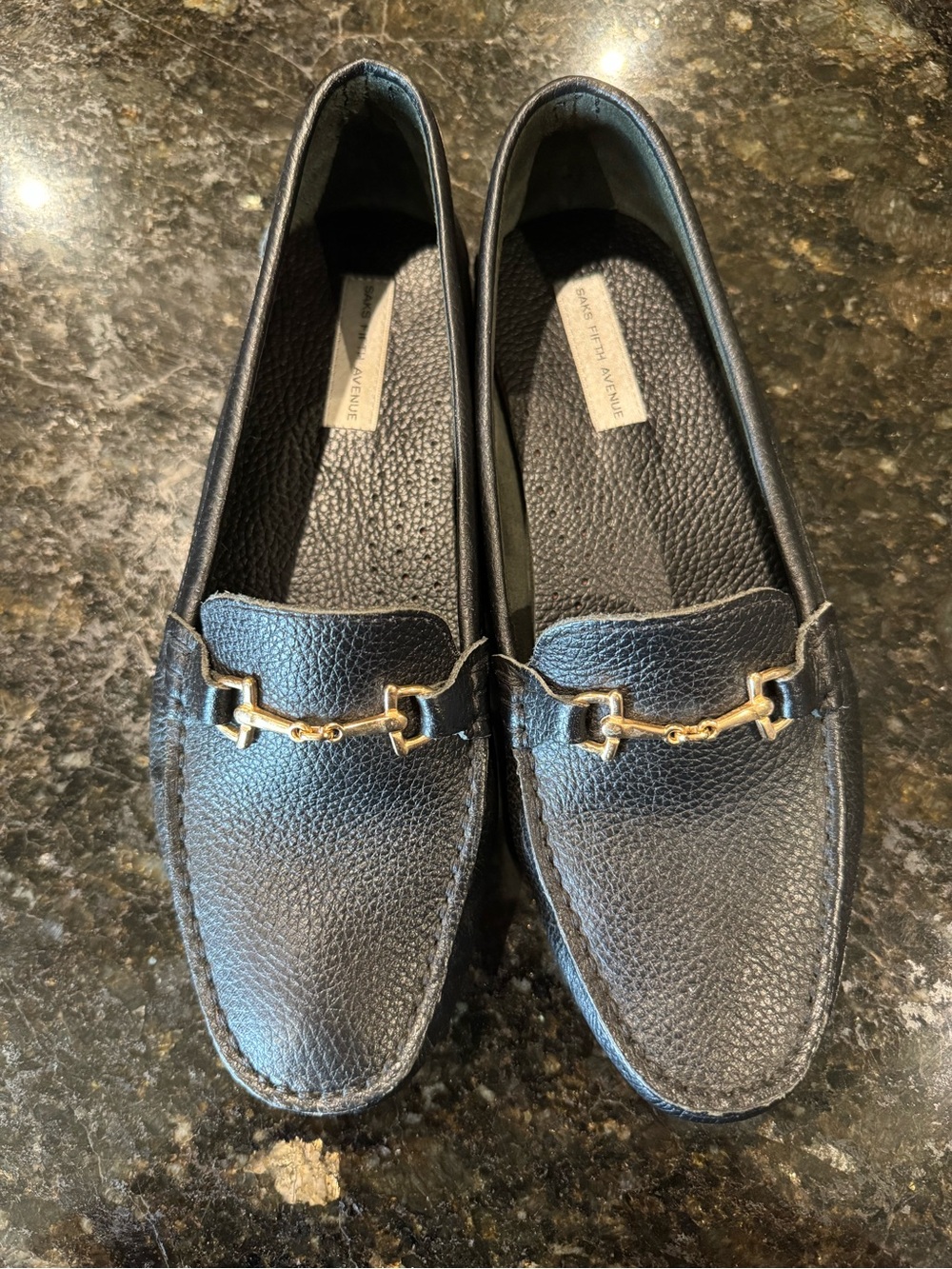 Saks Fifth Avenue Black Leather Loafers with Gold Bit